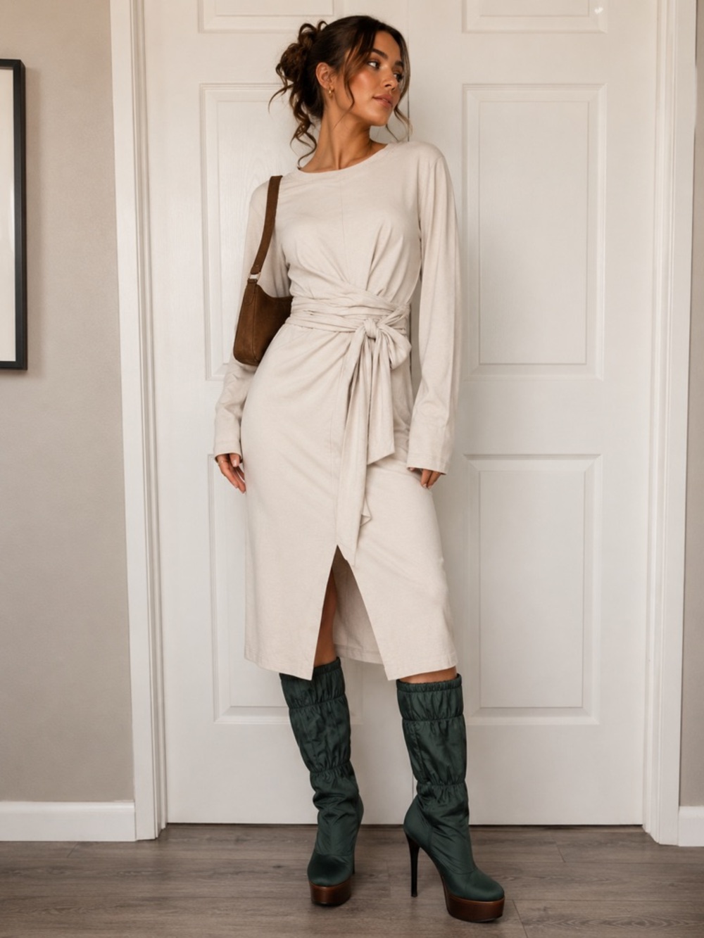 Modern Citizen Wei Tie Front organic cotton Jersey knit long sleeve Dress medium